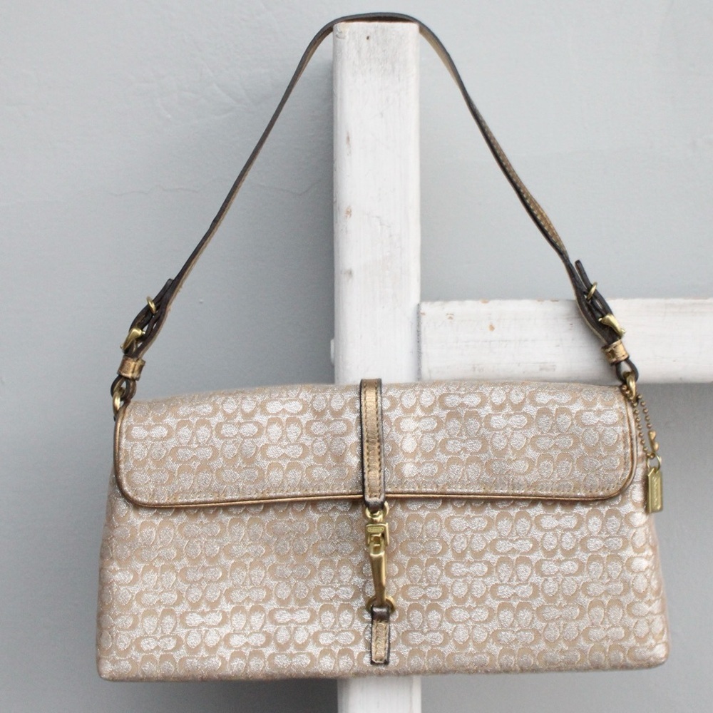 Coach VTG Y2K Gold Shimmer Signature Canvas Leather Demi Clip Hampton Bag 6380